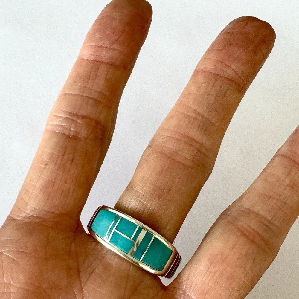 Mens Navajo‎ Wedding Band 10.5 Ring Turquoise 9mm Inlay Signed Tolino Native